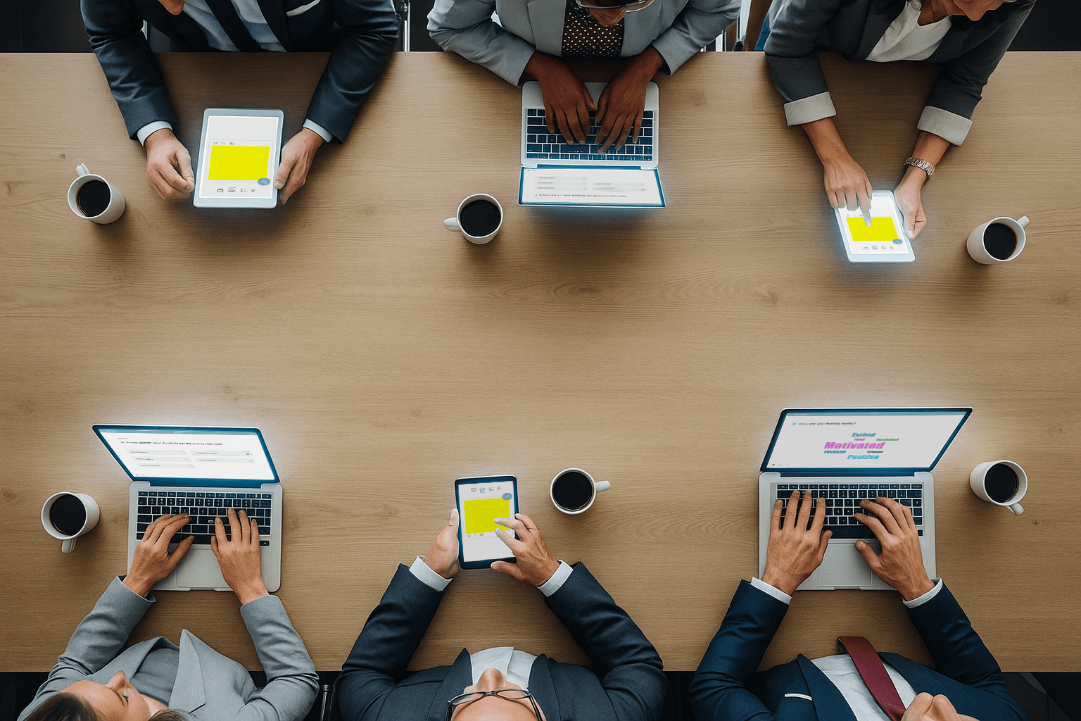 Six businesspeople in suits working on laptops and tablets around a large wooden table with coffee cups.