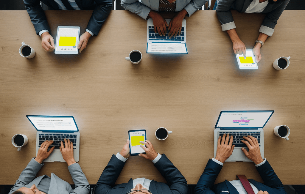 Overhead view of six people in business attire sitting around a table using laptops, tablets, and smartphones, each with a cup of coffee nearby.
