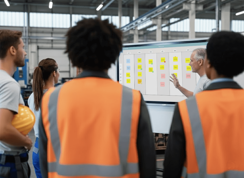 A group of workers wearing safety vests attentively look at a digital board with project task columns and sticky notes inside an industrial warehouse.